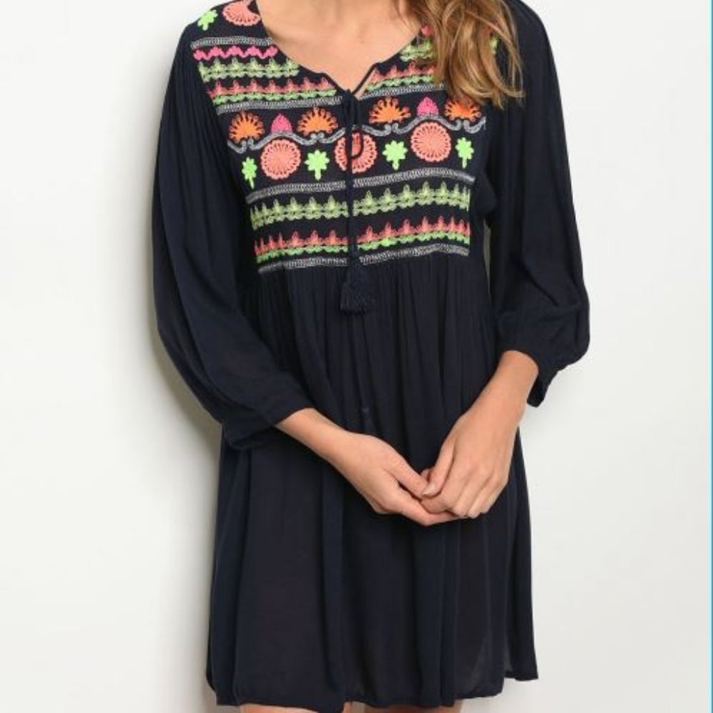 Boho Navy Embroidered Dress NEW